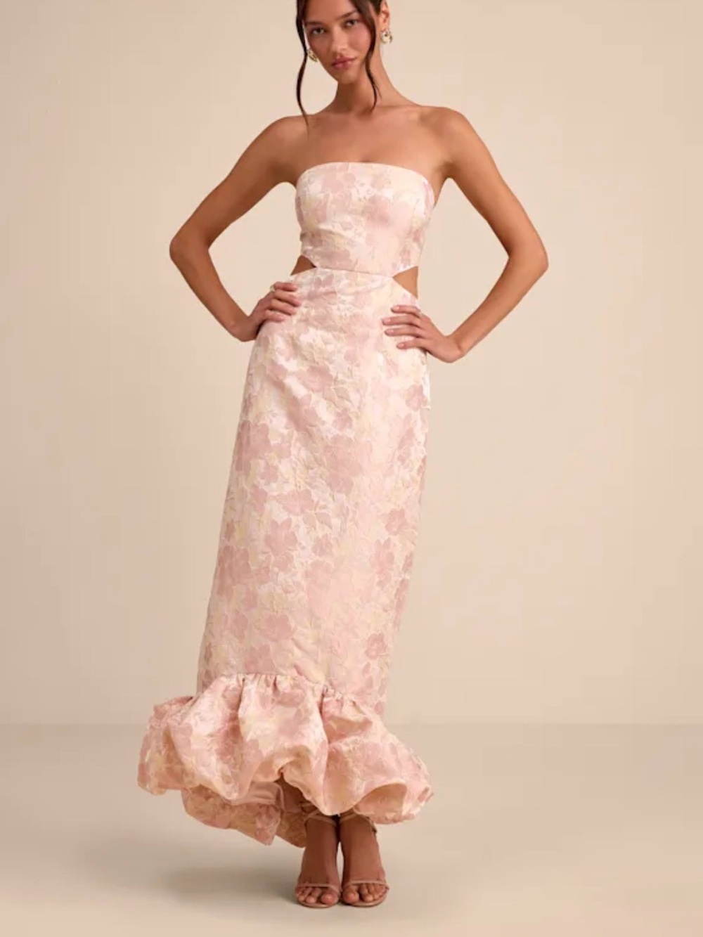 Lulu's Strapless Pale Pink Floral Jacquard Gown with Ruffle Hem